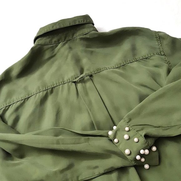 ZARA Forest Green Lyocell Womens Hi-Low Blouse White Pearl Cuffs L-Sleeve Collar - Picture 8 of 14